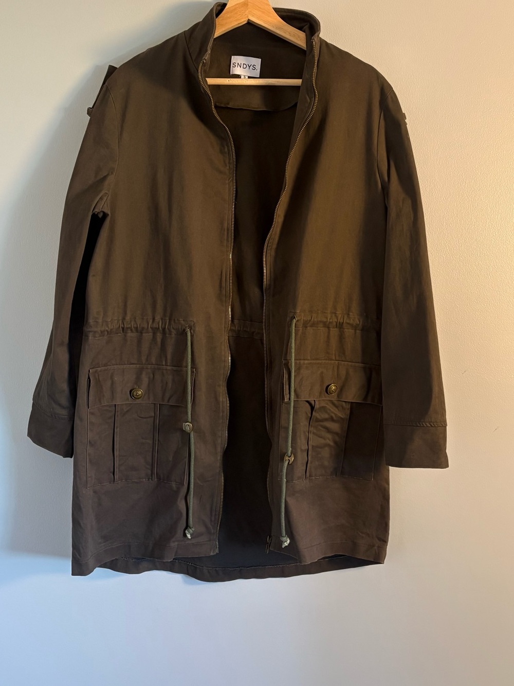 SNDYS chocolate brown with green undertones Longline Utility Jacket size small